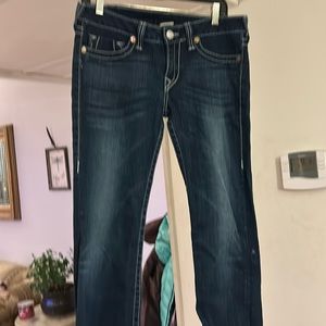 TRUE RELIGION straight leg jeans. Size 30. Dark blue wash w/ white accent thread